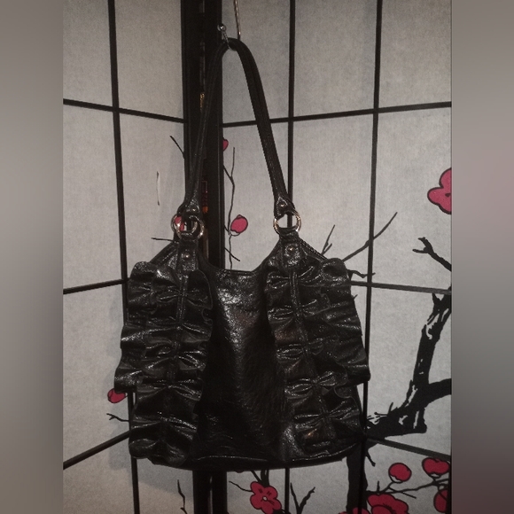 Black Ruffle Leather(like) Bag EUC Good Size! - Picture 2 of 3